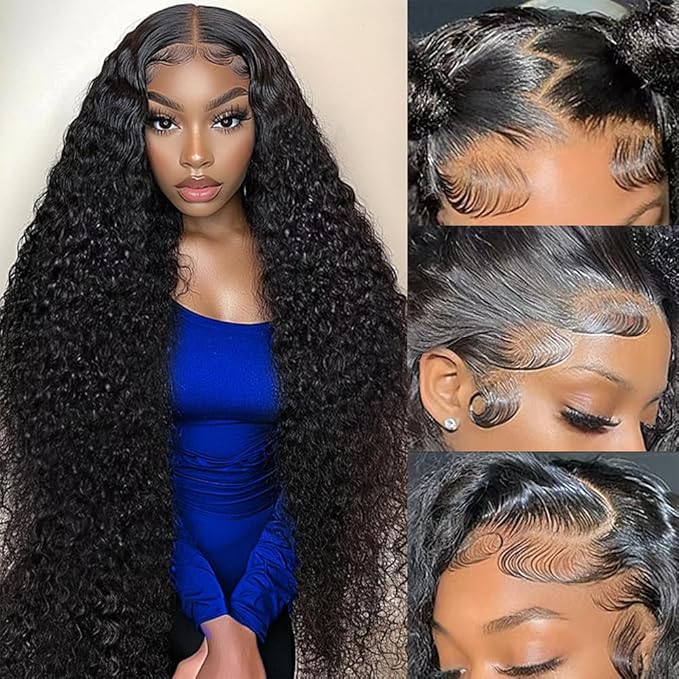 40 Inch Deep Wave Lace Front Wigs Human Hair 13x6 HD Lace Frontal Wigs for Women 200% Density Curly Human Hair Wigs Pre Plucked with Baby Hair Glueless Wigs Natural Color