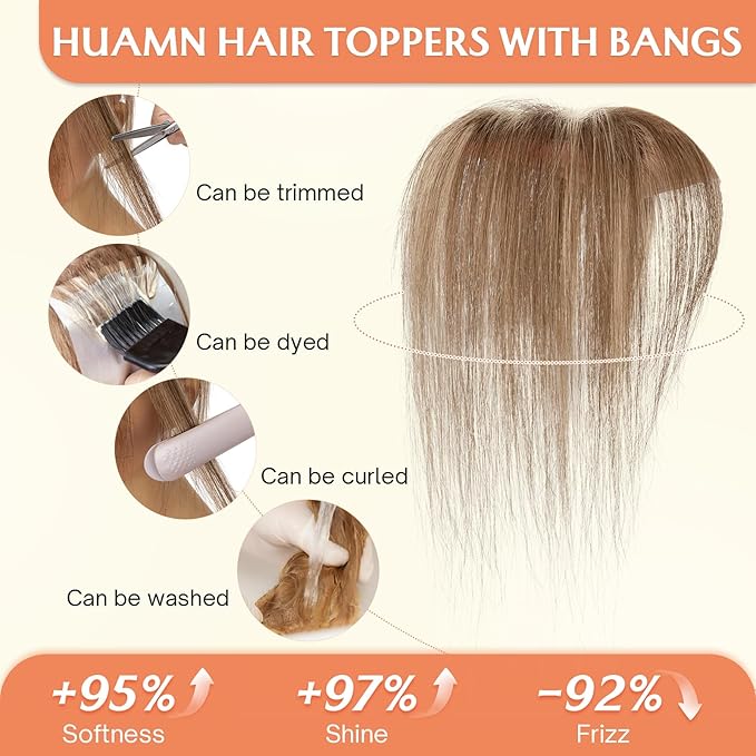 Benehair Clip in Bangs 100% Real Human Hair Extensions 360° Cover Clip on 3D Wispy Bangs for Women Topper Hairpieces for Women Medium Brown Highlights Dark Blonde
