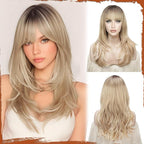 SOFEIYAN Long Straight Layered Blonde with Black Roots Wig with Bangs 24 Inch Synthetic Natural Hair Wig Soft Heat Resistant Long Wigs for Women Daily Party Use
