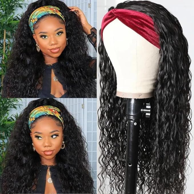 KLAIYI Headband Human Hair Wig Water Wave Curly Non Lace Front Wigs for Black Women Deep Wave Glueless Wear and Go Half Wig with Band 30S Ready to Wear Beginner Friendly 180% Natural Hairline 16Inch