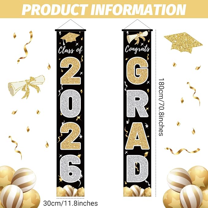 Graduation Decorations 2026, Class of 2026 Banner Congrats Grad | Black Porch - Image 2