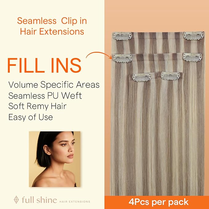 Full Shine Seamless Clip in Hair Extensions Real Human Hair, Ash Blonde with Blonde Highlight, Invisible PU Weft Remy Human Hair Extensions Fill Ins, 4Pcs 18Inch 85 grams