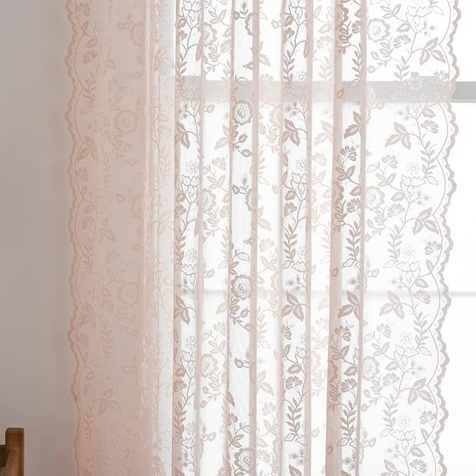 FINECITY Blush Lace Curtains for Girls Bedroom Rustic Floral 2 * 52x63 Inch | - Image 6