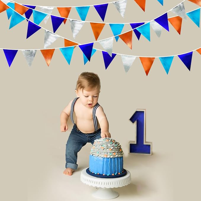 Orange Blue Silver Party Decorations Metallic Fabric Triangle Pennant Banner - Image 5