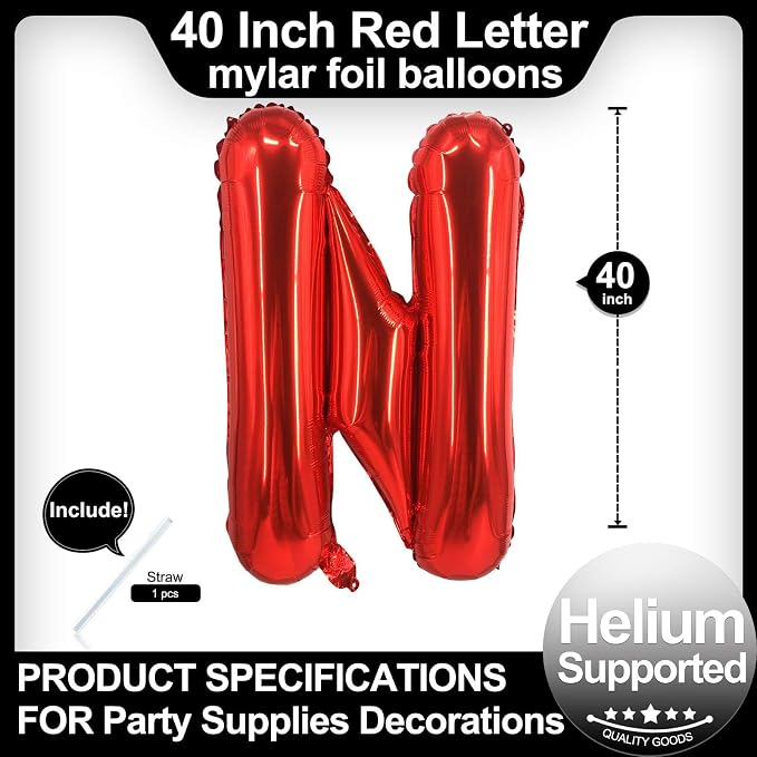 40 Inch Red Letter N Balloons, DIY Phrase Foil Alphabet Letter N Balloons DIY - Image 2