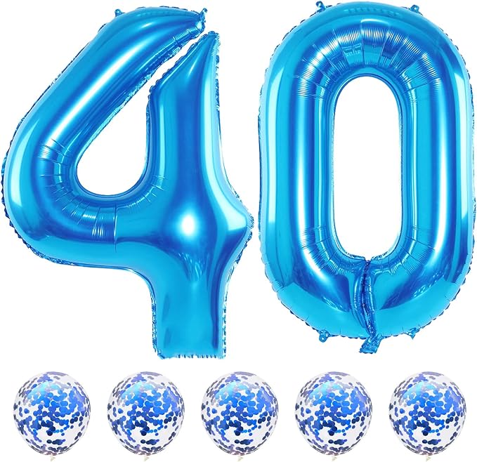 Blue 40 Balloon Numbers and Confetti Balloons, 40th Birthday Balloons Set by Lingqiang