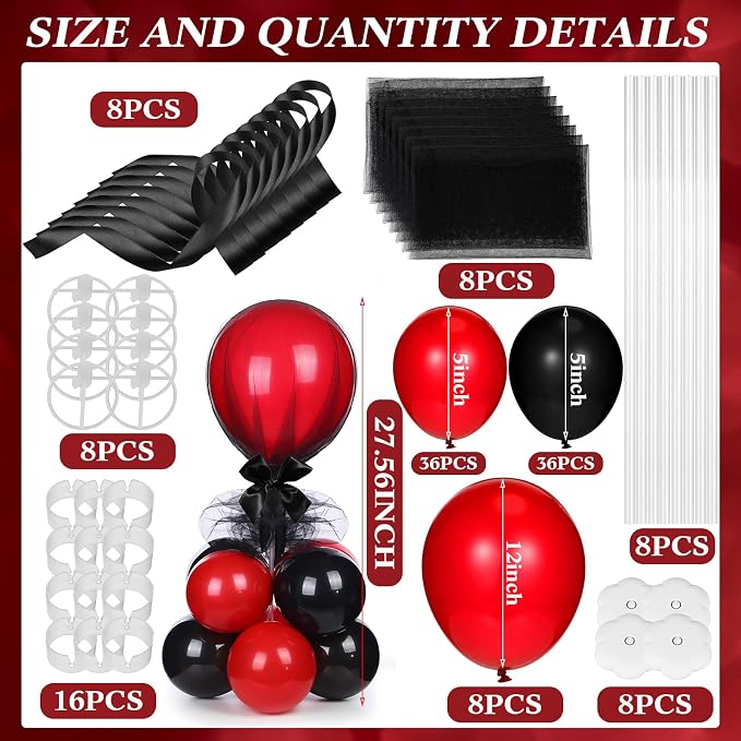 BBTO 8 Set Black and Red Table Centerpieces Balloons Stand Kit, Latex Balloons - Image 2