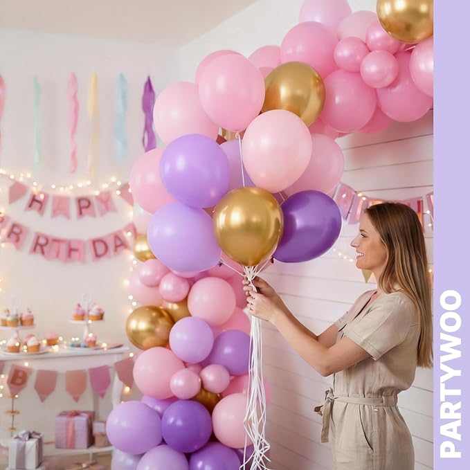 PartyWoo Pink Purple and Gold Balloons 66pcs Baby Pink Purple Gold Balloons | - Image 8