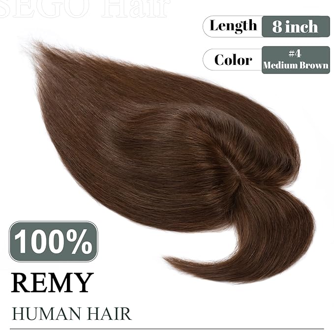 SEGO Hair Toppers for Women Real Human Hair with Thinning Hair, Toppers Hair Pieces Clip in Toppers Straight Hair Pieces with Front Bangs 150% Density Silk Base -8 Inch #4 Medium Brown