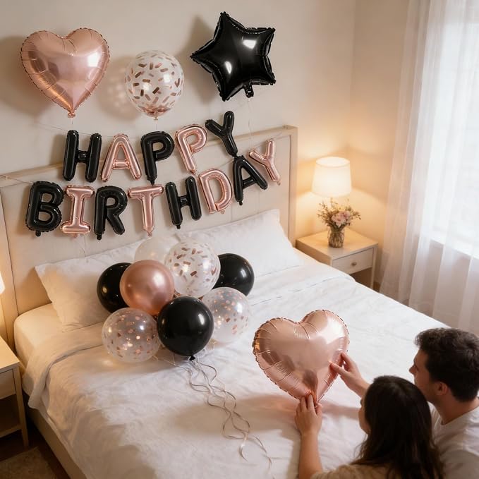27 Pcs Rose Gold Black Birthday Decorations, 3D Letters Rose Gold Black Happy - Image 2
