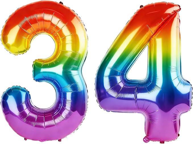 40 Inch Number 34 Balloons for 34th Birthday Party Decorations, 0-100 Rainbow by FOBELEC