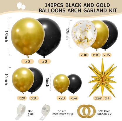 RUBFAC Black and Gold Balloons Arch Kit 140pcs | Black Star Latex Balloons - Image 2