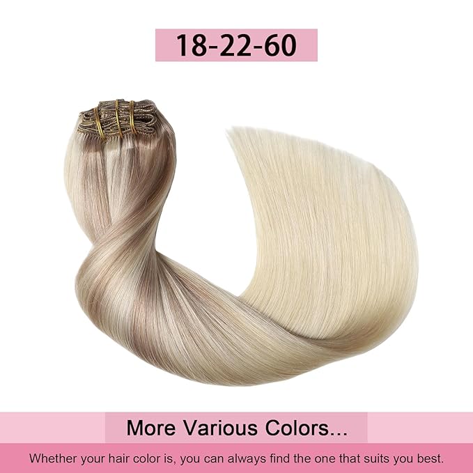 Pro2.0 Clip in Hair Extensions Real Human Hair 20inch 7pcs #18/22/60 Balayage Ash Blonde to Golden Blonde and Platinum Blonde Real Human Hair Extensions Clip ins 120g Thick（#18/22/60-20inch）