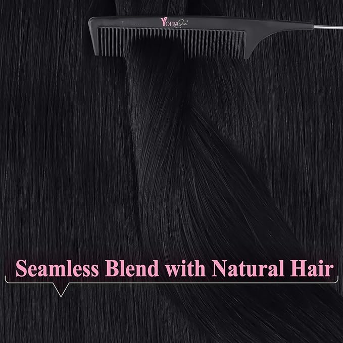 YoungSee 26 Inch Tape in Extensions Human Hair Black Human Hair Tape in Extensions 50g Jet Black Hair Extension Real Human Hair Tape-in 20pcs Long for Adding Hair Length