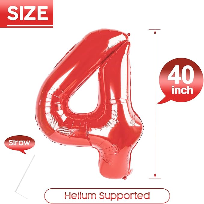 4 Balloon - Red Birthday Number Balloons, 40 Inch Decorations Men Women | Red - Image 5