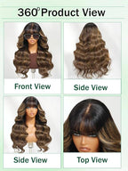 KLAIYI Ombre Brown Loose Body Wave Bye Bye Knots Glueless Precut 7x5 HD Lace Front Human Hair Bang Wig Drawstring Highlight Balayage Brown Pre Plucked Bleached 30S Ready to Wear and Go Wig 180% 26Inch