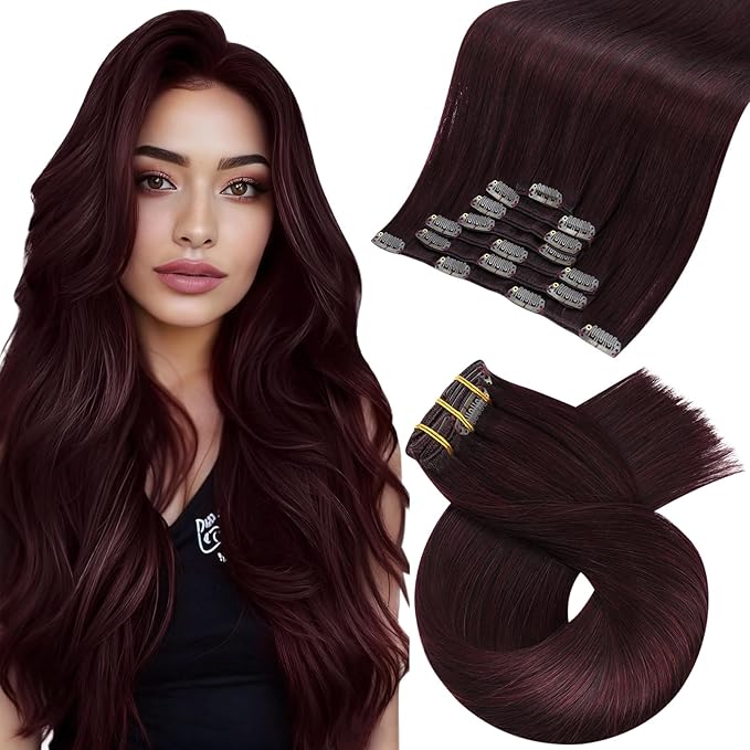 Moresoo Burgundy Clip in Hair Extensions Dark Red Hair Extensions Clip ins Straight for Women Double Weft Wine Red Remy Human Hair 16 inch 120g/7pcs