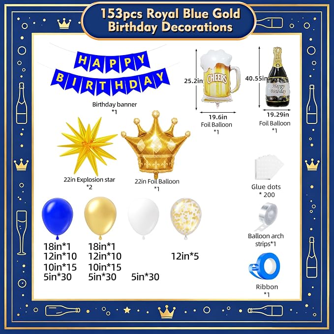 Royal Blue Gold Birthday Party Decorations 153pcs - Image 2