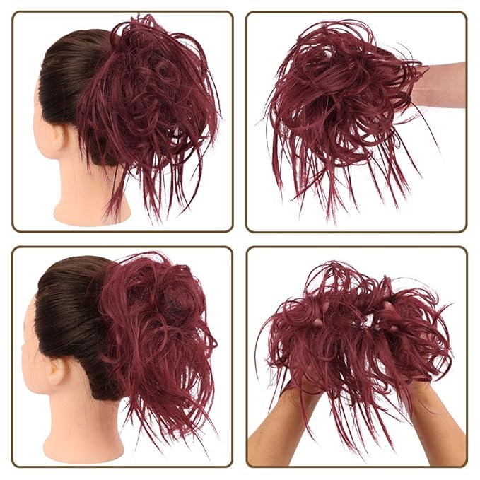 HMD Tousled Updo Messy Bun Hairpiece - Synthetic Hair Extensions with Elastic Rubber Band - Scrunchies and Ponytail Hairpieces for Women