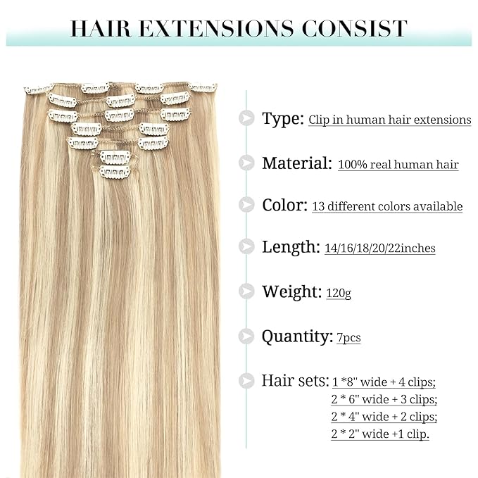 DOORES Hair Extensions Clip in Human Hair, Balayage Dark Blonde Highlighted Bleach Blonde 100g 7pcs 14 Inch, Remy Straight Weft Real Natural Hair Extensions