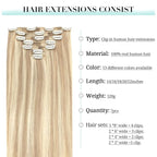 DOORES Hair Extensions Clip in Human Hair, Balayage Dark Blonde Highlighted Bleach Blonde 100g 7pcs 14 Inch, Remy Straight Weft Real Natural Hair Extensions
