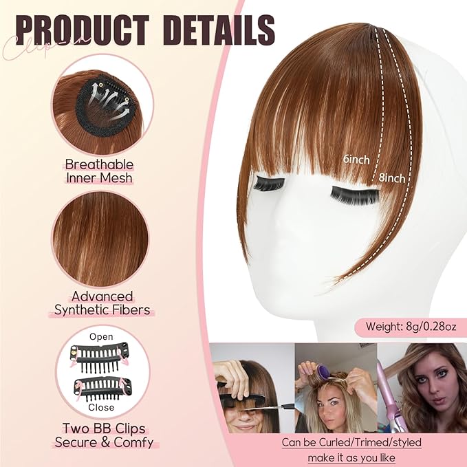 Clip in Bangs, Synthetic Wispy Bangs Hair Clip, Light Auburn Fake Bangs Fringe with Temples Hairpieces for Women Natural Curved Hair Extensions for Daily Wear