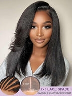 Yiroo Light Yaki Straight Wig Human Hair with Side Swept Bangs,7x5 Lace Front Bye Bye Knots Glueless Wig Human Hair Pre Plucked Pre Cut,Elastic Drawstring Wear and Go Wig for Women 150% Density 18Inch