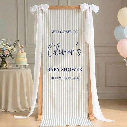 Custom Blue Striped Baby Shower Fabric Sign Hello Baby Linen Backdrop | by Unknown