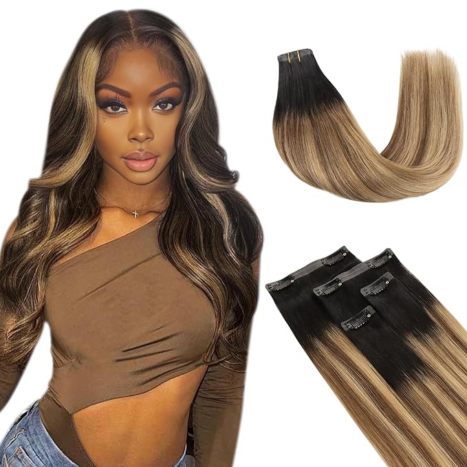 Lashey Seamless Clip in Hair Extensions Human Hair Ombre Balayage Ash Brown Highlighted Honey Blonde with Natural Black Dark Roots Hair Extensions Real Human Hair 43g 4pcs 16 Inch Straight Clip ins