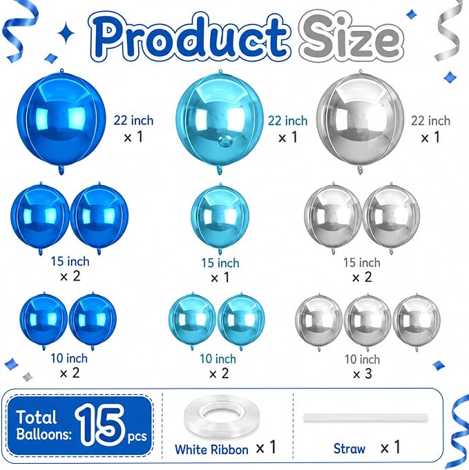 15 Pcs Blue and Silver Round Foil Balloons, 22/15/10 Inch 4D Ball Balloons Blue - Image 2
