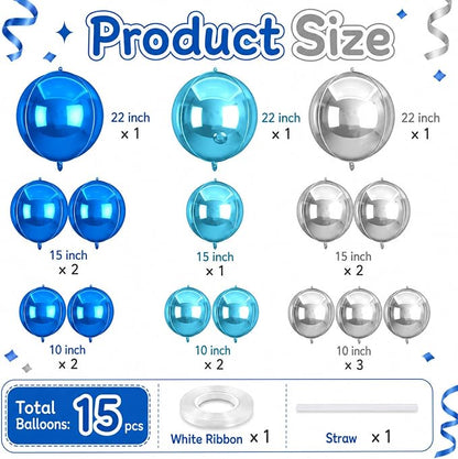 15 Pcs Blue and Silver Round Foil Balloons, 22/15/10 Inch 4D Ball Balloons Blue - Image 2