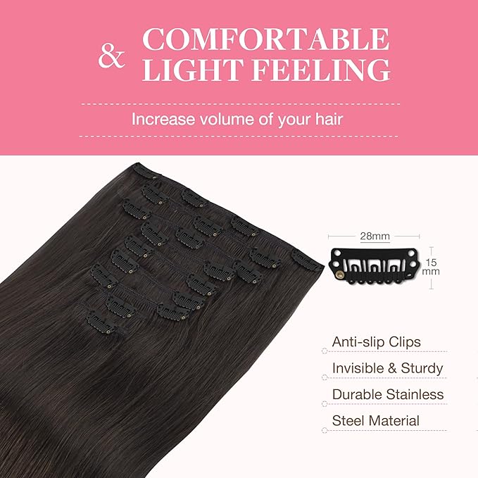 GOO GOO Clip in Hair Extensions Real Human Hair, Remy Human Hair Extensions Clip ins for Women, Natural Human Hair, 14inch 150g 9Pcs, 2 Dark Brown
