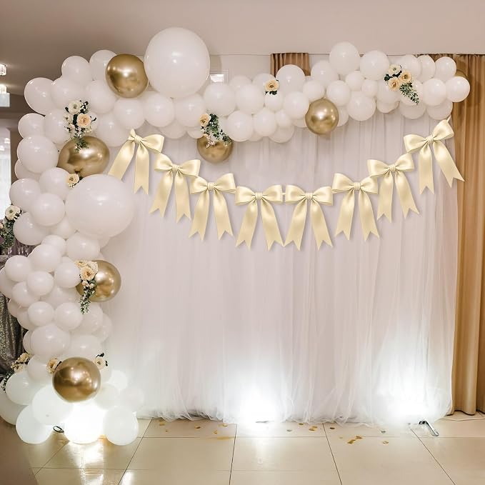 1 String of 8PCS Champange Bow Garland Banner Decoration, Pre-Strung Satin - Image 5