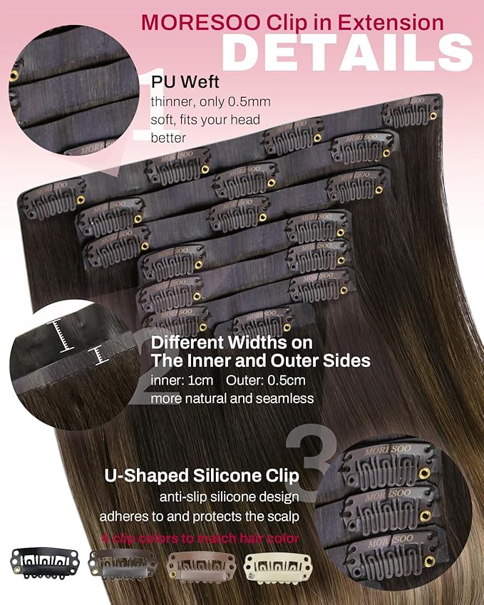 Moresoo Brown Balayage Clip in Hair Extensions Human Hair Seamless Dark Brown to Golden Brown with Dark Honey Blonde Real Hair Extensions Clip ins Remy Pu Skin Invisible Long 120/7pcs 18in
