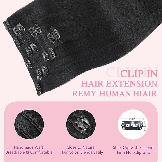 PINKPEARL Clip in Hair Extensions Real Human Hair #1 Jet Black Human Hair Extensions Clip ins 16 inch Extensions Human Hair Clip 120g 7pcs Straight Thick Natural Human Hair(#1-16)