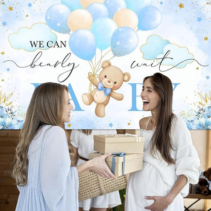 Mocsicka We Can Bearly Wait Backdrop Banner 6x3.6ft | Blue Balloons, Bear Baby - Image 6