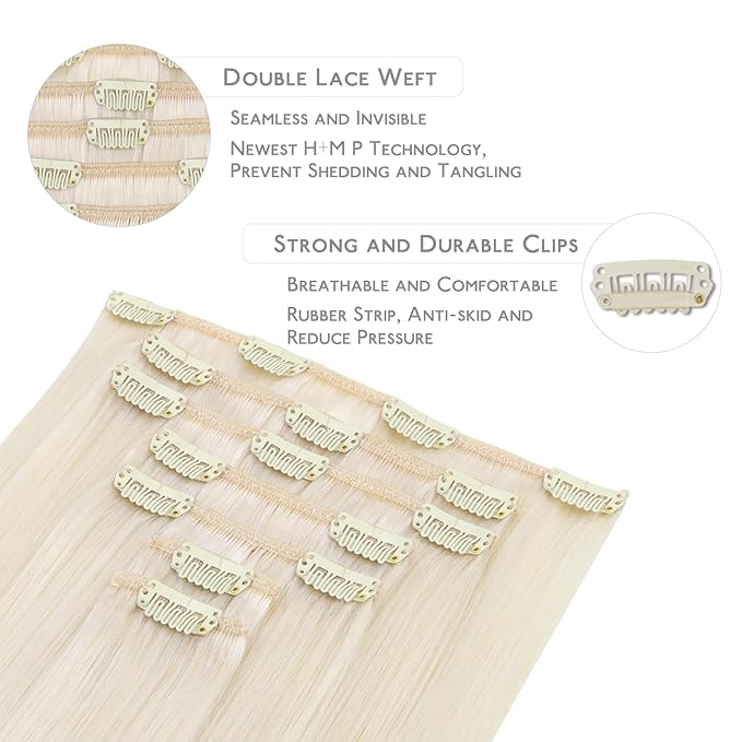 WENNALIFE Clip in Hair Extensions, 14 Inch 120g 7pcs Real Human Hair, White Blonde Remy Hair Extensions Clip Ins Double Weft