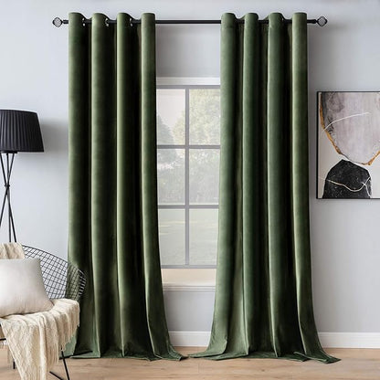 MIULEE Velvet Curtains Olive Green 52 x 80 Inch Length Set of 2 | Grommet Drapes by MIULEE