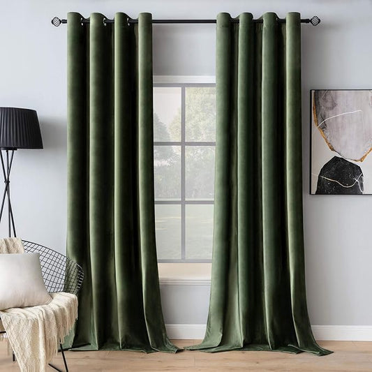 MIULEE Velvet Curtains Olive Green 52 x 96 Inch Length Set of 2 | Grommet Drapes by MIULEE