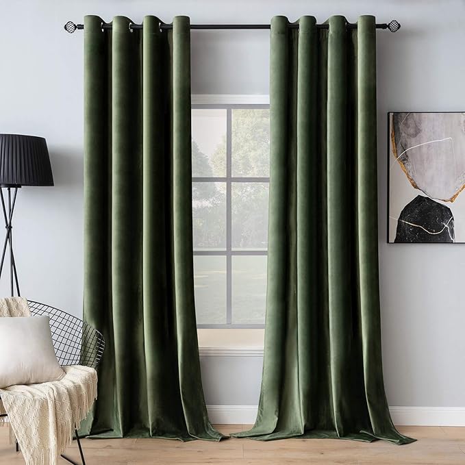 MIULEE Velvet Curtains Olive Green 52 x 90 Inch Length Set of 2 | Grommet Drapes by MIULEE