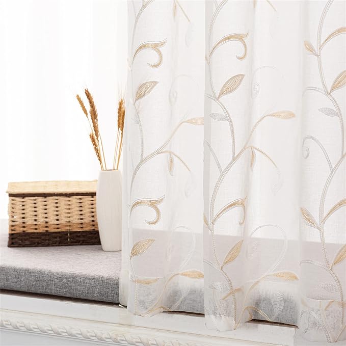 White Sheer Curtains Beige Embroidered Leaves 2 Panels 54Wx84L | Light - Image 5