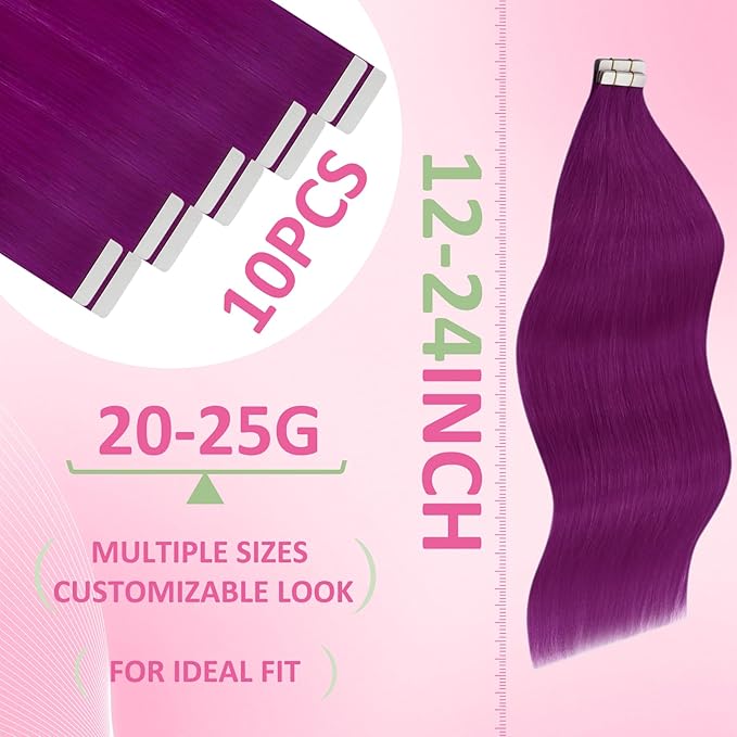 YoungSee Human Hair Tape in Extensions Purple Tape in Hair Extensions Human Hair Purple 20g Colored Hair Extensions Tape in 12 Inch 10pcs Remy-Hair for Party