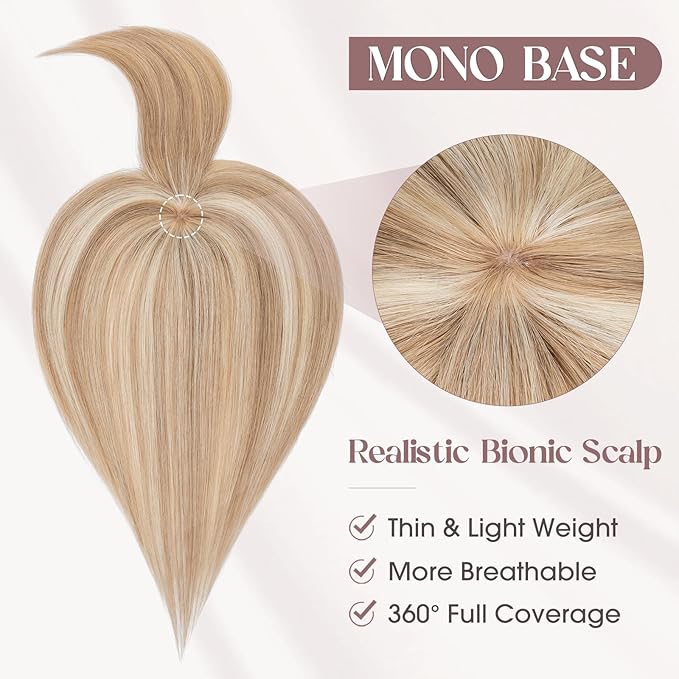 MY-LADY Human Hair Toppers for Women Real Human Hair with Bangs Thin 8.5 * 8.5CM Mono Base Clip in Remy Hairpieces Light Weight 12 Inch Golden Brown Mixed Bleach Blonde