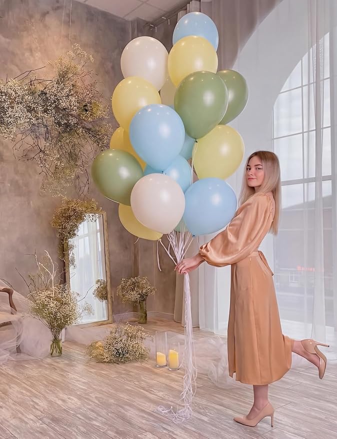 Sage Green Blue Yellow Balloons, Pastel Yellow Balloons, Sand White Balloons - Image 7