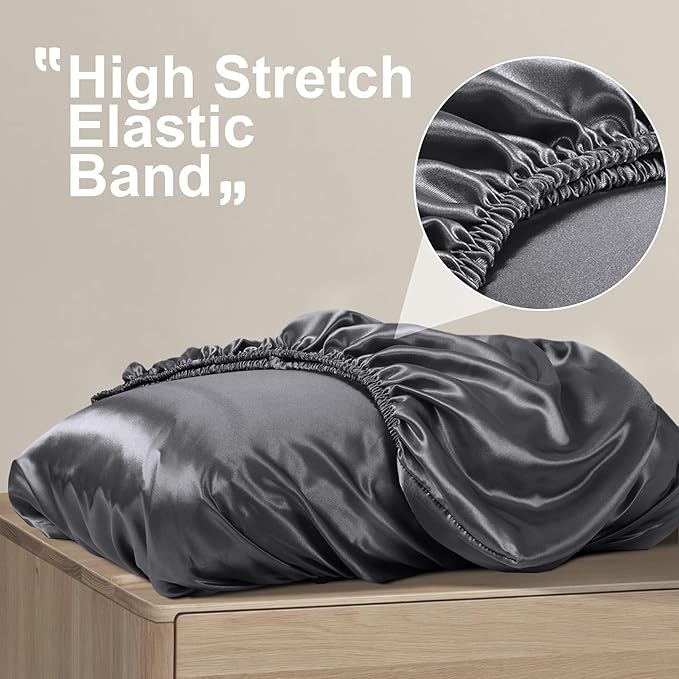 SiinvdaBZX Dark Grey Satin Pillowcase Standard/Queen Size Set of 2, Silky Travel Elastic Band Satin Pillow Case for Hair and Skin, Soft Portable & Fit for Various Pillow