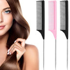 Leinuosen 3 Packs Rat Tail Comb Steel Pin Rat Tail Carbon Fiber Heat Resistant Teasing Combs with Stainless Steel Pintail (Pink, Black)