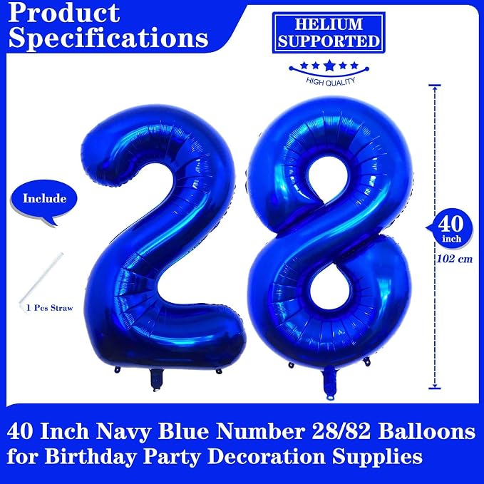 Navy Blue 28 Number Balloons, 40 Inch Giant Number 28 Balloons Foil Mylar - Image 2