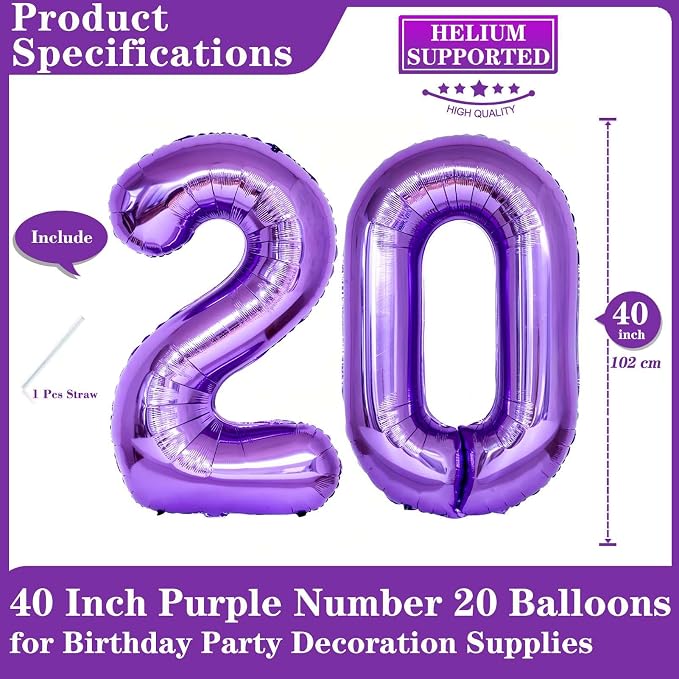 Purple 20 Number Balloons, 40 Inch Giant Number 20 Balloons Foil Mylar Helium - Image 2