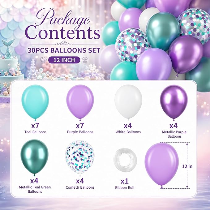 Mermaid Balloons, 12 Inches Purple and Green Balloons Teal Purple White - Image 3