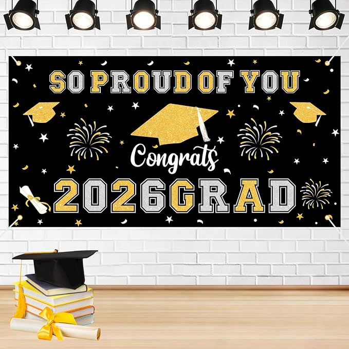 Graduation Decorations 2026 Black Gold Graduation Banner 66.1" x 33.8" by Yunfan